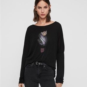 NWT Allsaints Midnight Wave Tee with Cut Out Elbows and Rose Graphic — Size XS